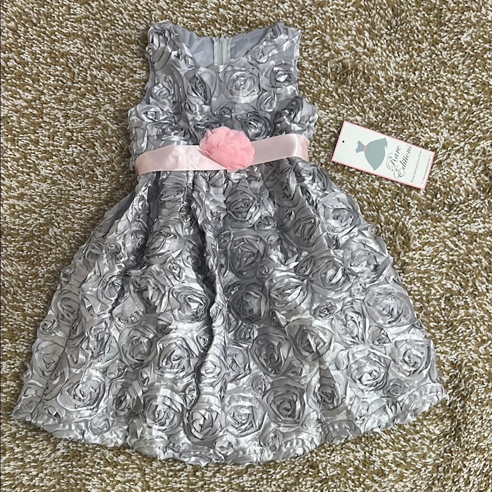 Rare Editions Silver Rose Kids Dress with Pink Sash